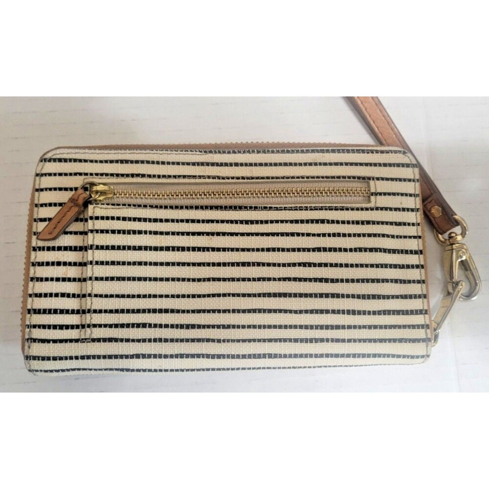 FOSSIL black & white striped coated canvas wristlet wallet brown leather trim